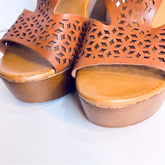 Atalina Women's Platform Faux Wooden Cognac Brown Open Toe Sandal Size 7.5 - Picture 2 of 7